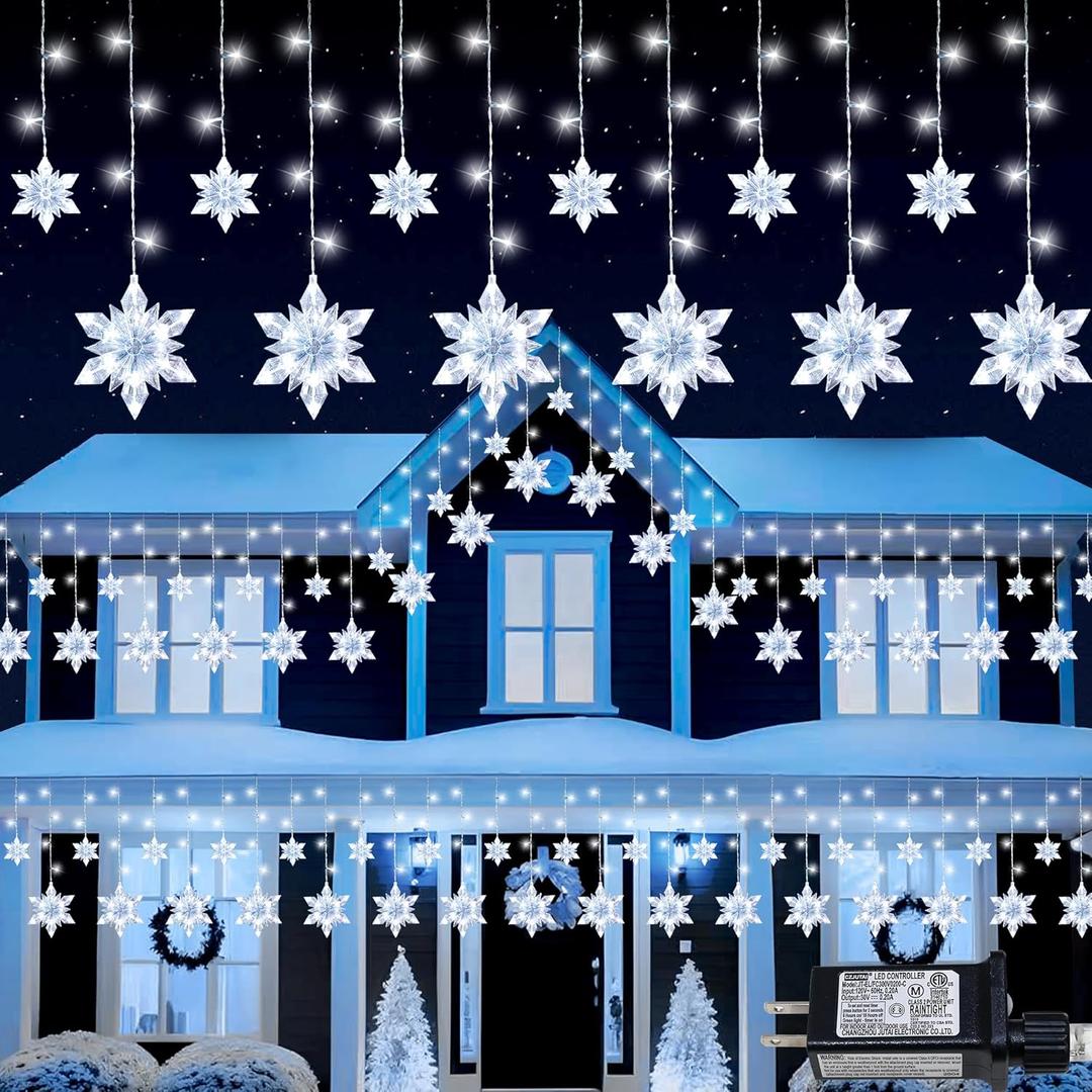 Snowflake Christmas Lights Outdoor, 8.2ft 144 LED Connectable Xmas String Light Plug in, Hanging Icicle Lights for House, Eaves, Outside, Window, Roof, Yard, Fence Decor, White