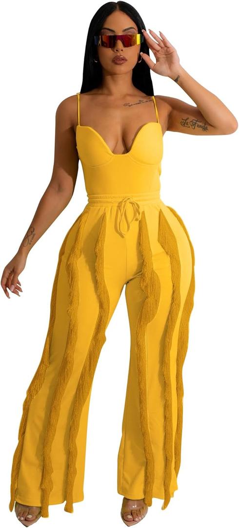 PRIVIMIX Women 2 Piece Outfits Fringe Tassel Long Pants Set Adjustable Suspenders Bodysuit Spaghetti Strap Clubwear Jumpsuits (Small, Yellow)