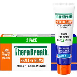 TheraBreath Healthy Gums Toothpaste, Fights Bad Breath for 12 Hours, with Stannous Fluoride for Anticavity & Gingivitis Protection, Clean Mint, 4 Oz, 2-Pack