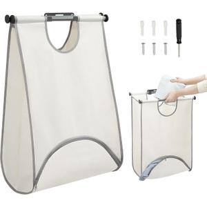STORAGE MANIAC Wall Mount Laundry Hamper, Hanging Laundry Bag with Bottom Zipper Opening, Space Saver Dirty Clothes Hamper with Wall Anchor, Laundry Clothes Bin for College, Dorm, RV, White
