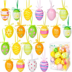 Garma 36 PCS Easter Hanging Plastic Eggs Decorations Colorful Eggs Painted Ornaments with Bow, Easter Tree Ornaments Decor for DIY Crafts Party Favor Home Decor Pascua Exchange Gifts