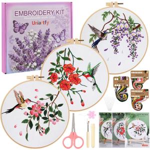 Embroidery Kit for Beginners,3 Pack Hummingbird and Flower Cross Stitch Kits for Adults,Needlepoint kit with Stamped Patterns,Hoop,Threads for Craft Lover,Hand Stitch with Embroidery Skill Techniques