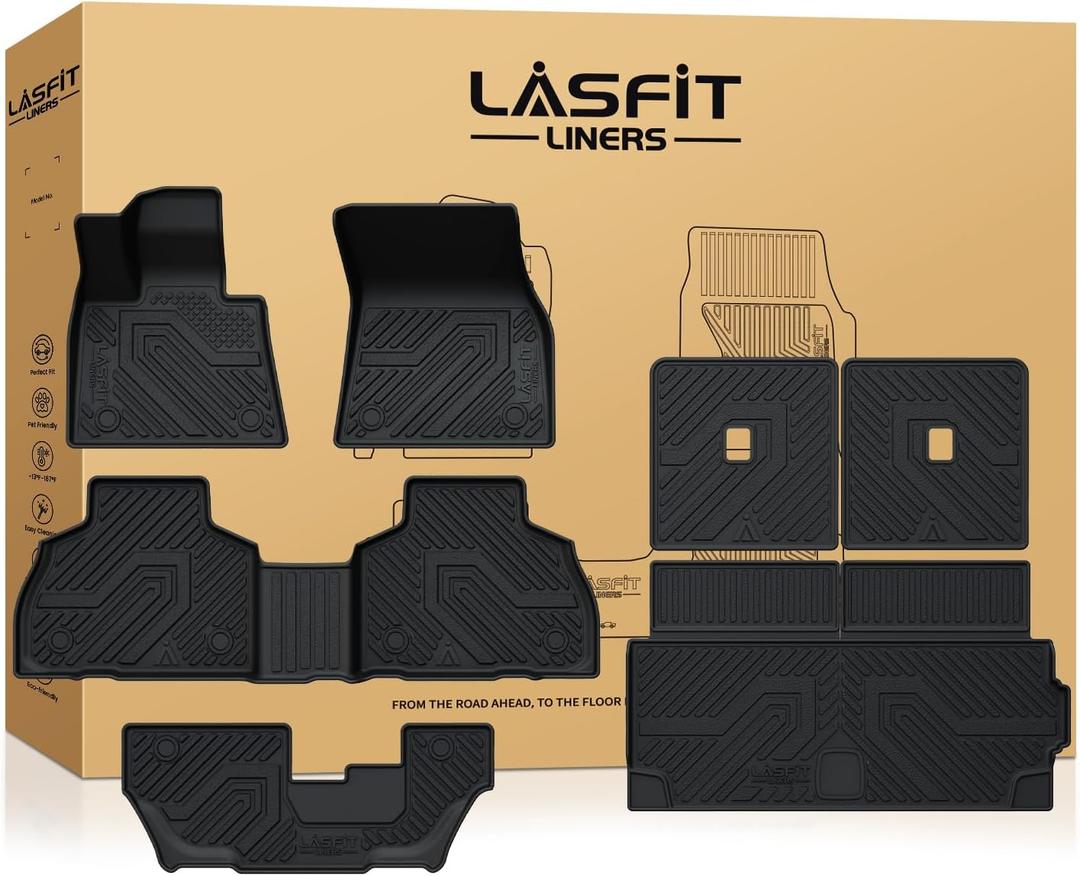 LASFIT Floor Mats&Cargo Mat&Seatback Fit for BMW X7 2019-2025 2026 M50i M60i xDrive40i xDrive50i, All Weather TPE Custom Fit 1st&2nd&3rd Row Full Set Car Mats & Trunk Liner(Only for 7 Seaters), Black