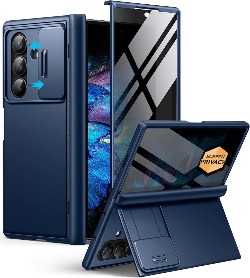 BERFY for Z Fold 7 Case with Privacy Screen Protector, [Anti Spy] Hidden Kickstand & Slide Camera Cover & Hinge Protective, Full Body Shockproof Slim Hard Phone Case for Samsung Galaxy Z Fold 7, Blue