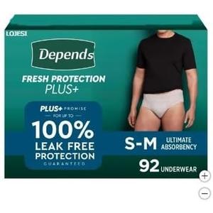 Depends Protection Plus Ultimate Absorbency 3-in-1 Stretch Waistband for A Secure Fit *Discreet Shipping* Small/Medium Size 92 Count for Men 