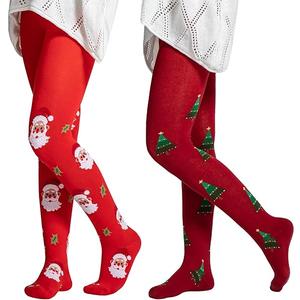 Aaronano 2 Pairs Girls Patterned Red Tights Christmas Holiday Stockings Kids Snowflake Printed Tights for Girls 4-10T