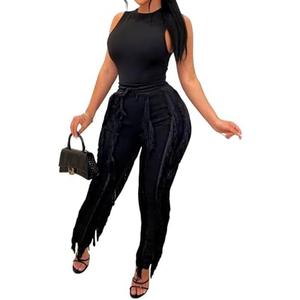 EDITCOZY Women Sexy Two Piece Outfits Fringe Pants Set Tassel Club 2 Piece Sets Going Out Birthday Party Night Size L