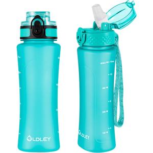 OLDLEY Kids Water Bottle for School with Straw Chug Lid, 15 oz Unbreakable Leak-Proof BPA-Free Motivational Water Bottles with Time Marker for Travel Sports Gym, 2 Lids,Mint