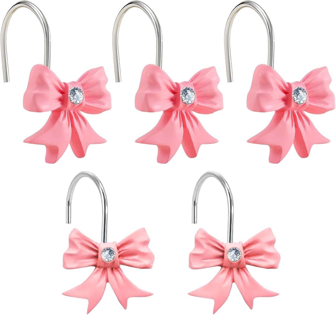 Pink Bow Shower Curtain Hooks with Shining Diamond, Cute Bathroom Decor, Set of 12 Girly Decorative Bowknot Rings, Heavy Duty, Anti Corrosion