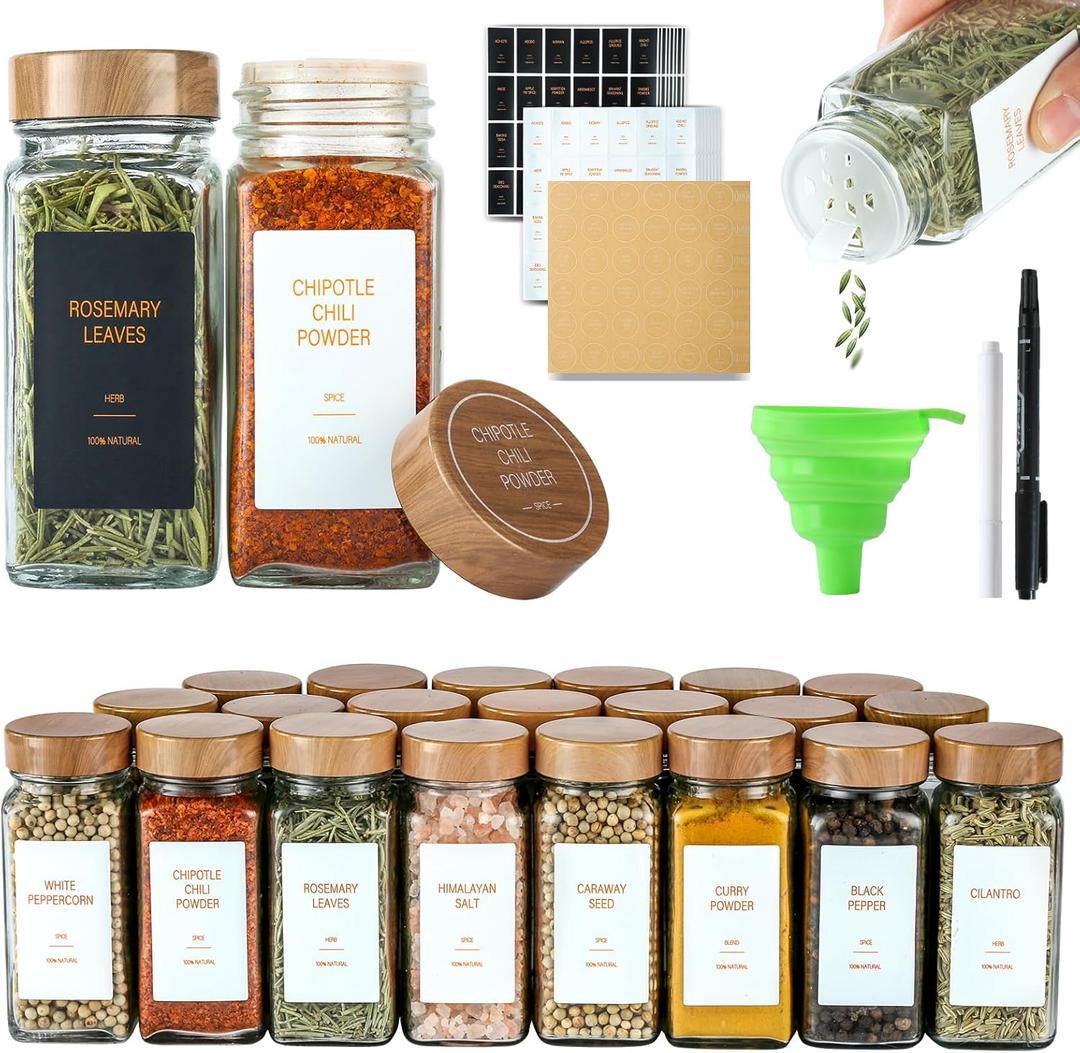 Spice Jars with Label4oz Seasoning Containers, Glass Spice Bottles with Shaker Lids,Funnel, Chalk Pen (24)