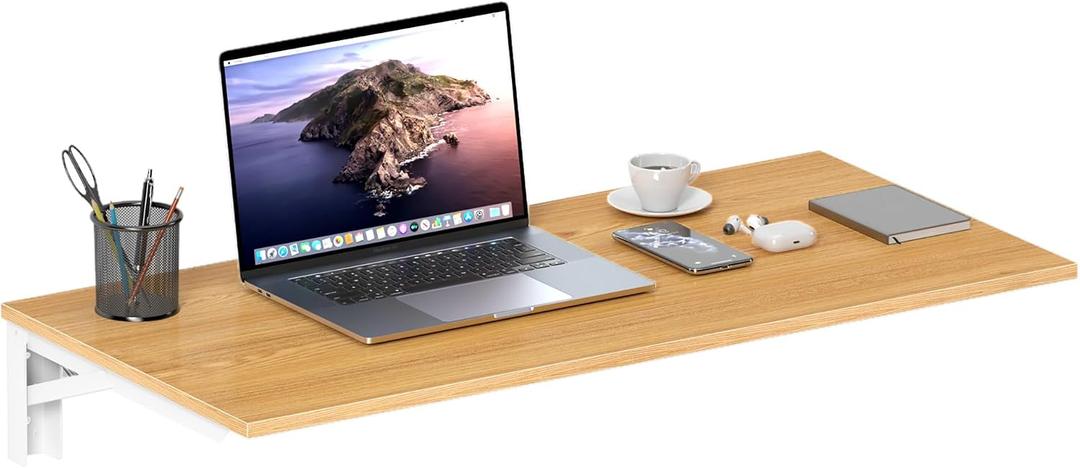 Need Wall Mounted Desk - Heavy Duty Folding Work Table Length 36" Width 20"/Small Space Hanging Desk Perfect Addition to Home/Office/Kitchen & Dining Room Teak & White AC15-9050TW-ND, L36" * W20"