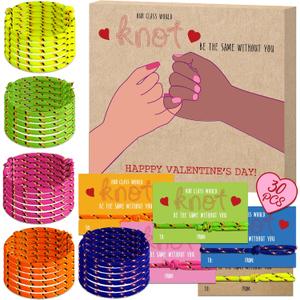Valentines Day Gifts for Kids Classroom from Teacher to Student - 30 Pack Bulk Knot Friendship Bracelet Valentines for 3rd 4th 5th Grade, Non Candy Valentine Party Favors for School Class Exchange