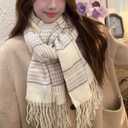 FGSS Unisex Classic Tartan Plaid Scarves Women Men Winter Warm Scarf - Soft Lightweight Faux Cashmere Check Fringe Wrap (White & Striped Grid)