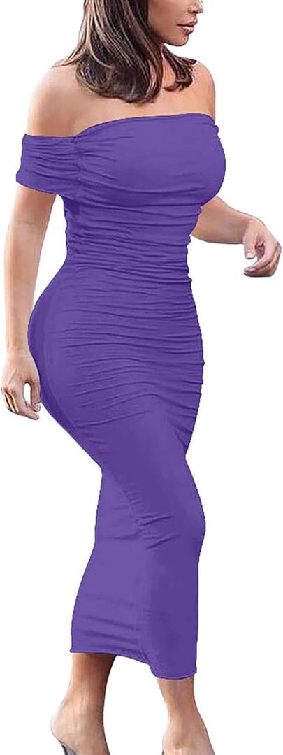 GOBLES Women's Elegant Strapless Off Shoulder Bodycon Midi Cocktail Party Dress (Purple)