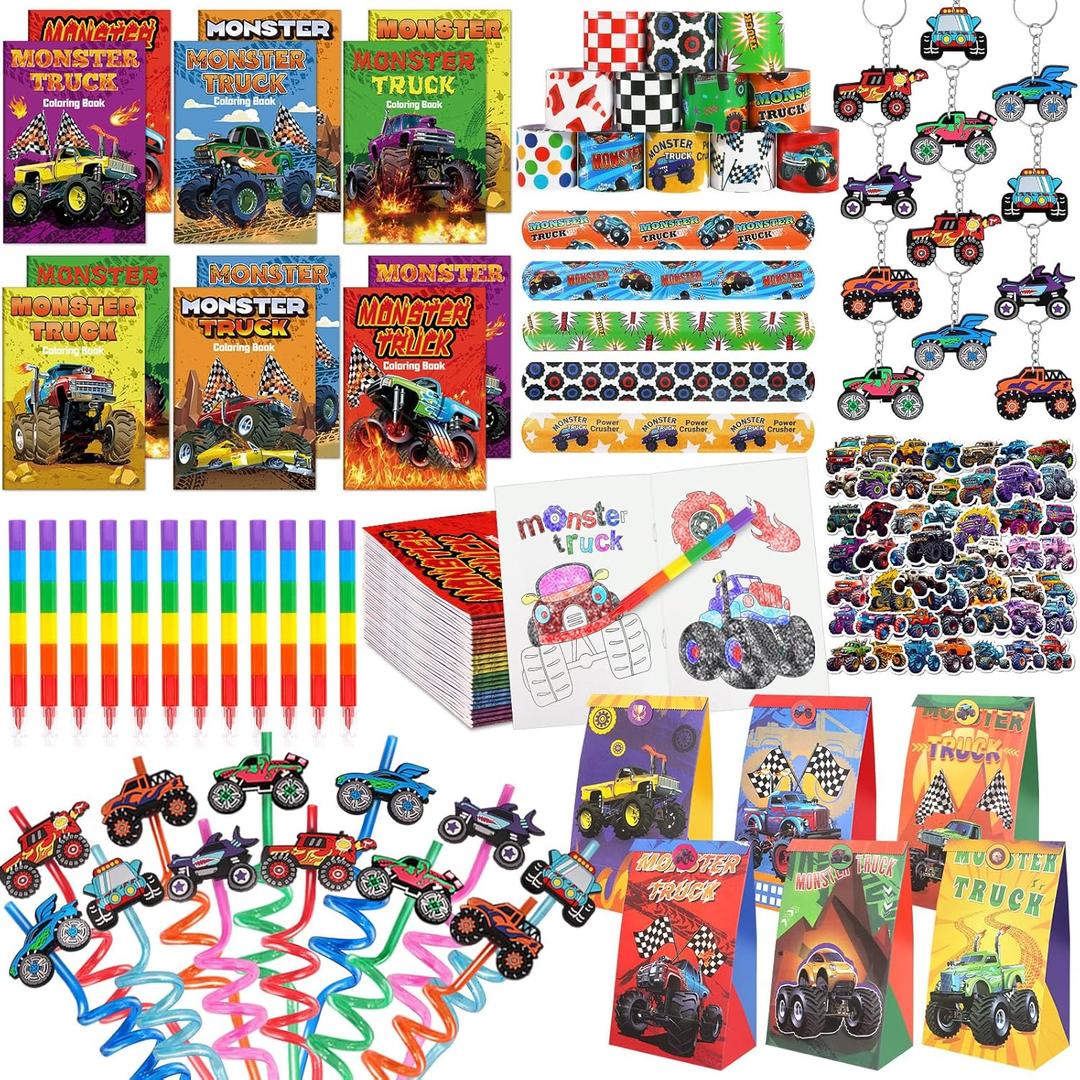 Monster Truck Party Favors Serve 12, Machine Jam Birthday Supplies include Slap Bracelet Coloring Books with Stacking Crayons Drinking Straws Keychain Stickers Gift Bags for Kids 122Pcs