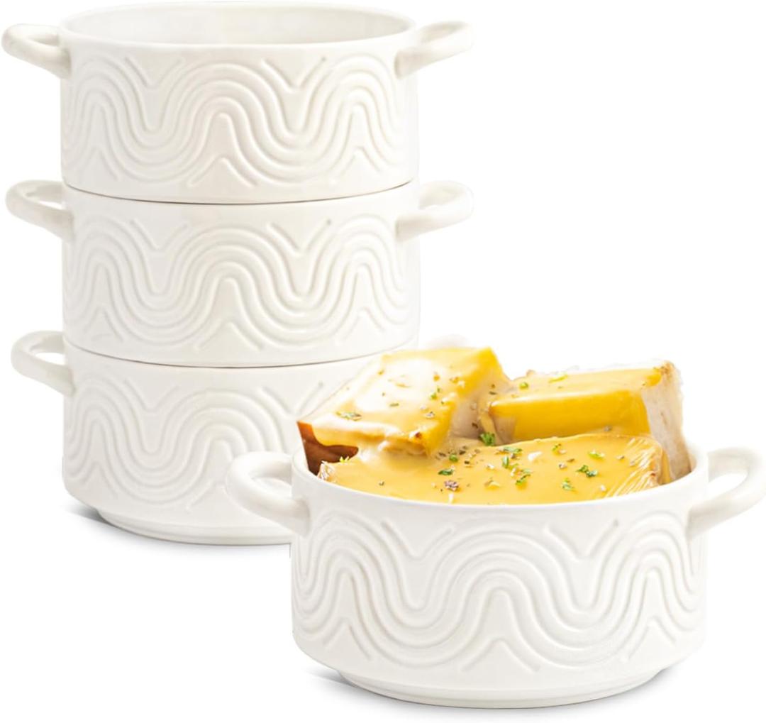 INSETLAN 20oz French Onion Soup Bowls with Handles, Set of 4 Ceramic Soup Crocks, Arch Design Ceramic Soup Bowls for Cheese,Chili, Beef Stew, Cereal, Pot Pies, Microwave & Oven Safe (Double-handled bowl)