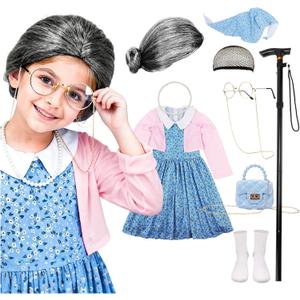 100 Days of School Old Lady Costume Grandma Dress Up Set for Girls Costumes Granny Outfit Kit