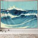 Retro Ocean Tapestry Wall Hanging, Vintage Blue Watercolor Ocean Waves Wall Art Tapestries, Japanese Anime Sea Wave Wall Decor Indian Tapestry for Bedroom Aesthetic Home Dorm, Wall Blanket,71"x60"