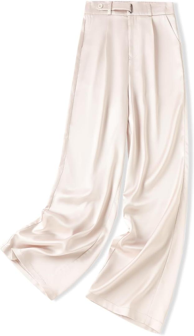 Betusline Women's Wide Leg Satin Dress Pants Long Straight Casual Flowy Silky Trousers, 7# Champagne Silk, Large (L)