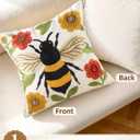 Embroidered Throw Pillow Cover 18x18 Inch - Spring Boho Decorative Animal Pillow Covers with Zipper for Couch Sofa Bedroom Living Room Cushion Pillowcase, Bee Floral