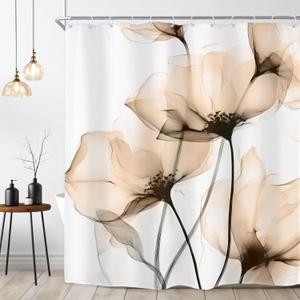 Riyidecor Yellow and Gray Floral Shower Curtain 72Wx72H Inch Spring Ink Painting Style Watercolor Flower Simple Rustic Minimalism Aesthetic Bathroom Decor Fabric Polyester Waterproof 12 Pack Hooks (06light Brown)