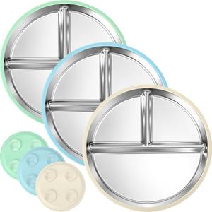 BUSOHA 3 Pack Stainless Steel Kids Plate with Suction - 8.1 Divided Toddler Baby Plates with Silicone Sleeves Non-Slip 2-in-1 Anti Breakage Metal Toddler Bowls Microwave Dishwasher Safe (Green + Beige + Light Blue)