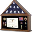 Large Burial Flag Display Case American Flag Solid Wood Display Case Fits 5 X 9.5 Folded Flag Military Shadow Box with Tempered Glass and Certificate Holder , Walnut Finish