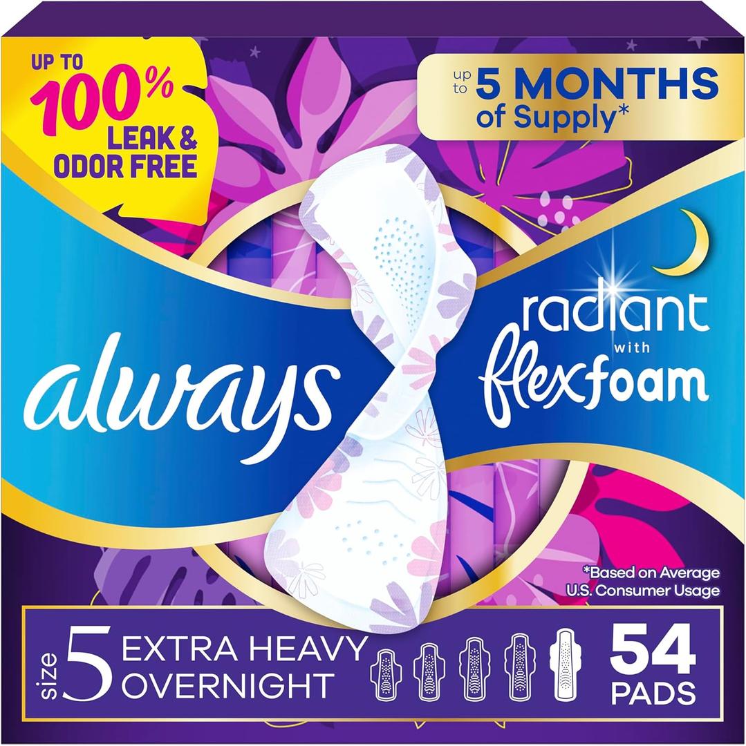 Always Radiant Feminine Pads for Women, Flexfoam Pads with Wings, Size 5, Extra Heavy Overnight Absorbency, Lightly Scented, 54 Count (3 Packs of 18)