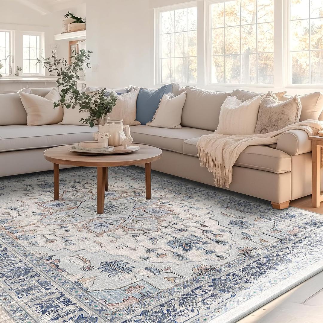 BESTSWEETIE 8x10 Area Rug Washable Rugs for Living Room, No Pile Boho Carpet for Entryway Bedroom Dinning Room, Vintage Carpet Print Distressed Non-Slip, 8 x 10 ft, Beige Blue