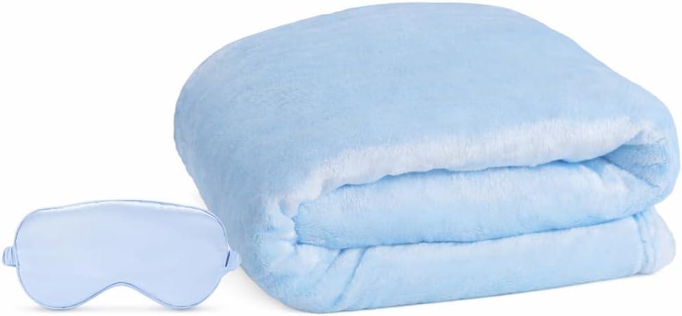 Travel Blanket, Airplane Blanket, Ultra-Soft, Warm & Lightweight, 65x40 in, Outdoor Blanket Essentials for Women, Men & Kids, Included Eye Mask, Luggage Sleeve & Backpack Clip Blue
