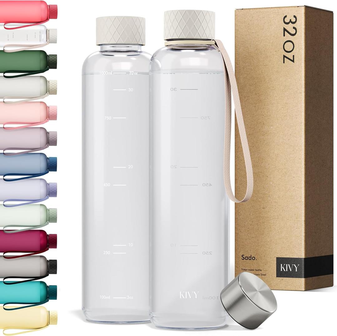 KIVY Slim Water Bottle 32oz [Lightweight & Shatterproof] Fits Backpack & Cupholder for Travel, Sports, School, Gym - Clear water bottle with measurements - Transparent Tritan Beige - Dishwasher Safe (04 Cream Clear)