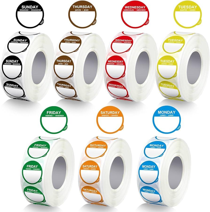 7000 Pcs Day of Week Label Food Label Monday Through Sunday Management Inventory Sticker Removable Weekly Self Adhesive Date Dot Sticker for Restaurant Kitchen Container