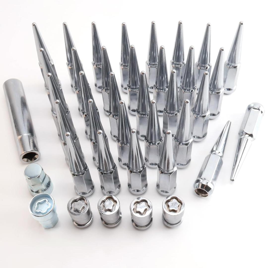 M14 x 1.5mm Wheel LocksSet, Fit for Ram 1500, Ram 2500, Ram 3500, F-150, F-250, F-350, Expedition, 4 Locking Lug Nuts 2 Pcs Key with 32Pcs Spike Lug Nuts+1 Key, Chrome