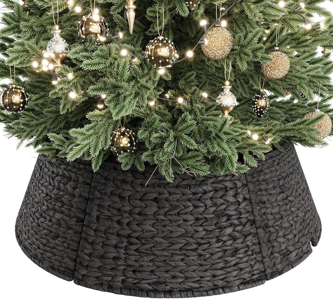 ELYKEN 33-Inch Woven Rattan Christmas Tree Collar, Stylish Hyacinth 6-Piece Tree Skirt for Artificial Trees, Wicker Tree Base Cover with Cord Cut-Out for Home Decor, Living Room Display, Black