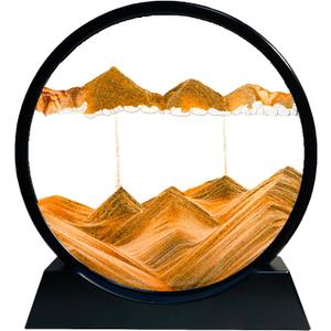 Moving Sand Art Liquid Motion - Moving Sand Art Picture Decor 3D Deep Sea Sandscape, Round Glass Frame Display Flowing Sand Relaxing Toy for Desktop Home Office Work Decoration(Yellow, 7")