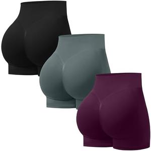 OVESPORT 3 Pack Seamless Women Workout Shorts Scrunch Butt Lifting Gym Booty Biker Shorts L (Black/Dark Grey/Cherry Purple)