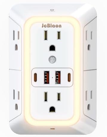 Wall Outlet Extender with Night Light, Power Plug Adapter 6 Outlet Extender with 4 USB Charging Ports 1050J Power Strip Multi Plug Adapter Spaced for Home Travel Office (2U2C)