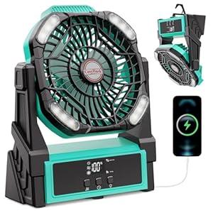 CosyHack Portable Camping Fan, 20000mAh Rechargeable Battery Operated Fans with Lights, Outdoor Beach Tent Fan, 4 Speed, Adjustable Brightness for Picnic, Barbecue, Fishing, Office, Home (Blue Black)