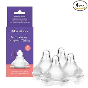 Lansinoh NaturalWave Baby Bottle Nipples, Fast Flow, Size F, 6+ Months, 4 Count 100% Soft, Durable Silicone, Made Without BPA BPS, Anti-Colic, Supports Baby's Developing Mouth and Teeth