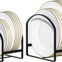 LINFIDITE 2 Pack Kitchen Plate Holder Organizer for Cabinet Space Saver Dinner Plate Storage Rack Upright Dish Drying Racks Metal Dish Stand for Cupboard Countertop Rustproof Black (1 Large 1 Small)
