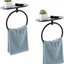 2 Pcs Hand Towel Ring with Shelf, Matte Black Stainless Steel Hand Towel Holder, Heavy Duty Bath Accessories, Wall Mounted Hanger for Bathroom Kitchen