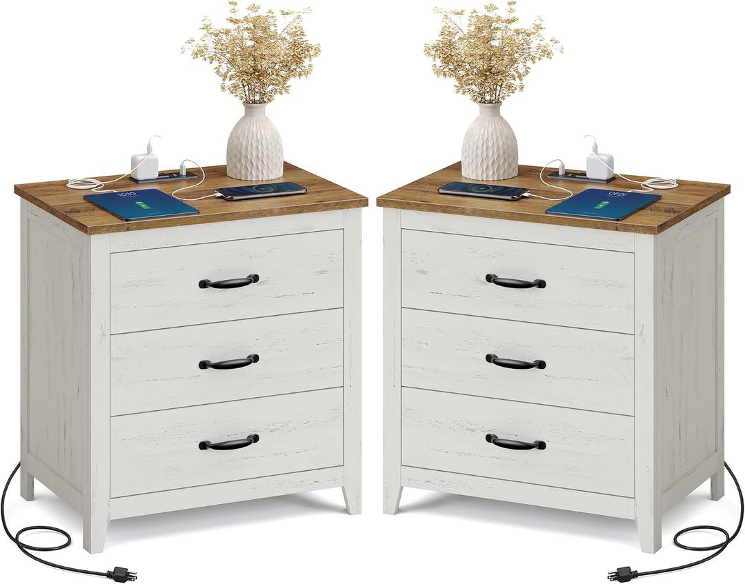 VASAGLE LIRY Collection - Farmhouse Nightstand with Charging Station, Set of 2, Bedside Tables, Side End Tables with 3 Drawers, for Bedroom, Rustic White and Honey Brown ULET979W01