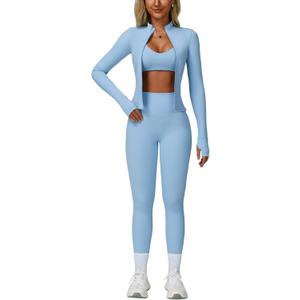 ABOCIW 3 Piece Workout Sets for Women Zipper Long Sleeve Jacket Racerback Sports Bra High Waist Leggings Yoga Gym Sets (0-2, Light Bule)