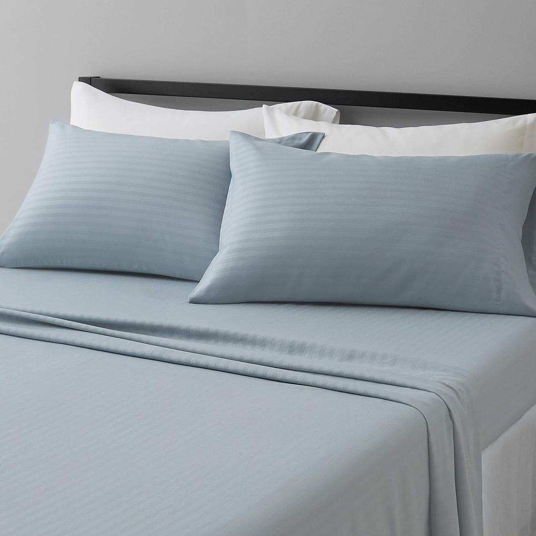 Amazon Basics Soft, Breathable Microfiber Bed Sheets, Queen Size, 4-Piece, Spa Blue Striped