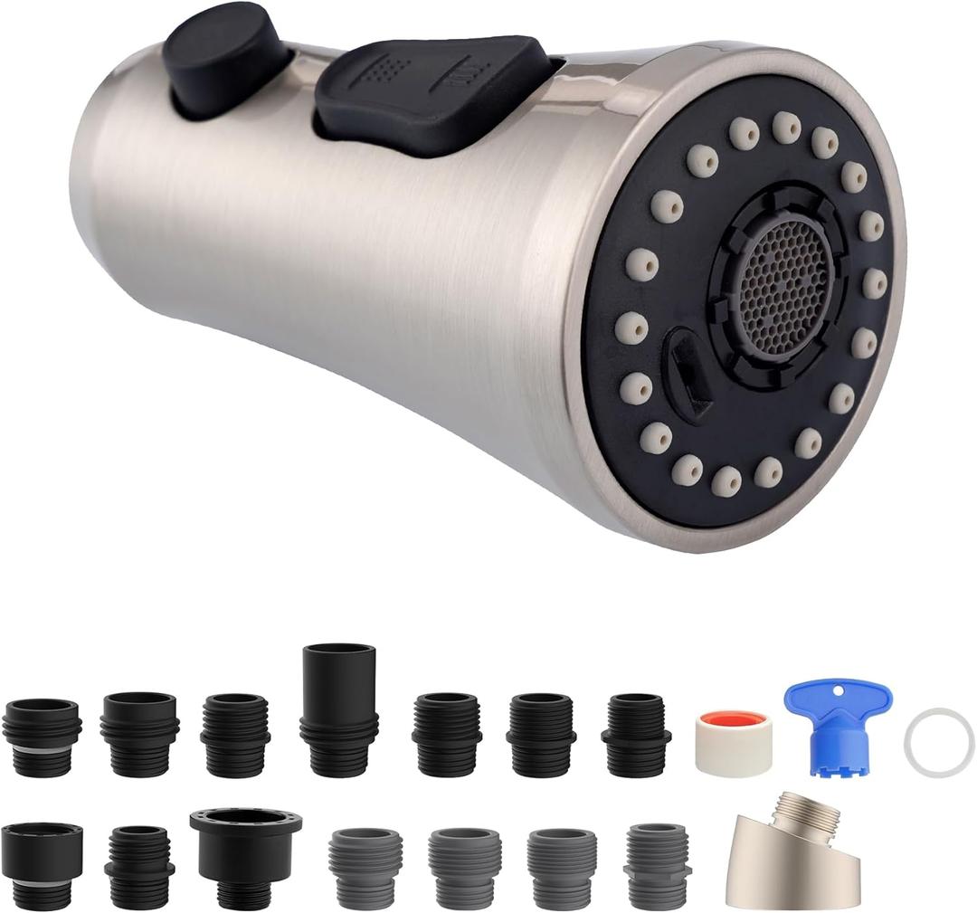 Hibbent Pull Down Kitchen Faucet Head Replacement, 3-Function Kitchen Sink Spray Nozzle with 15 Adapters, Compatible with Moen, American Standard, Delta, Kohler Faucets, Brushed Nickel