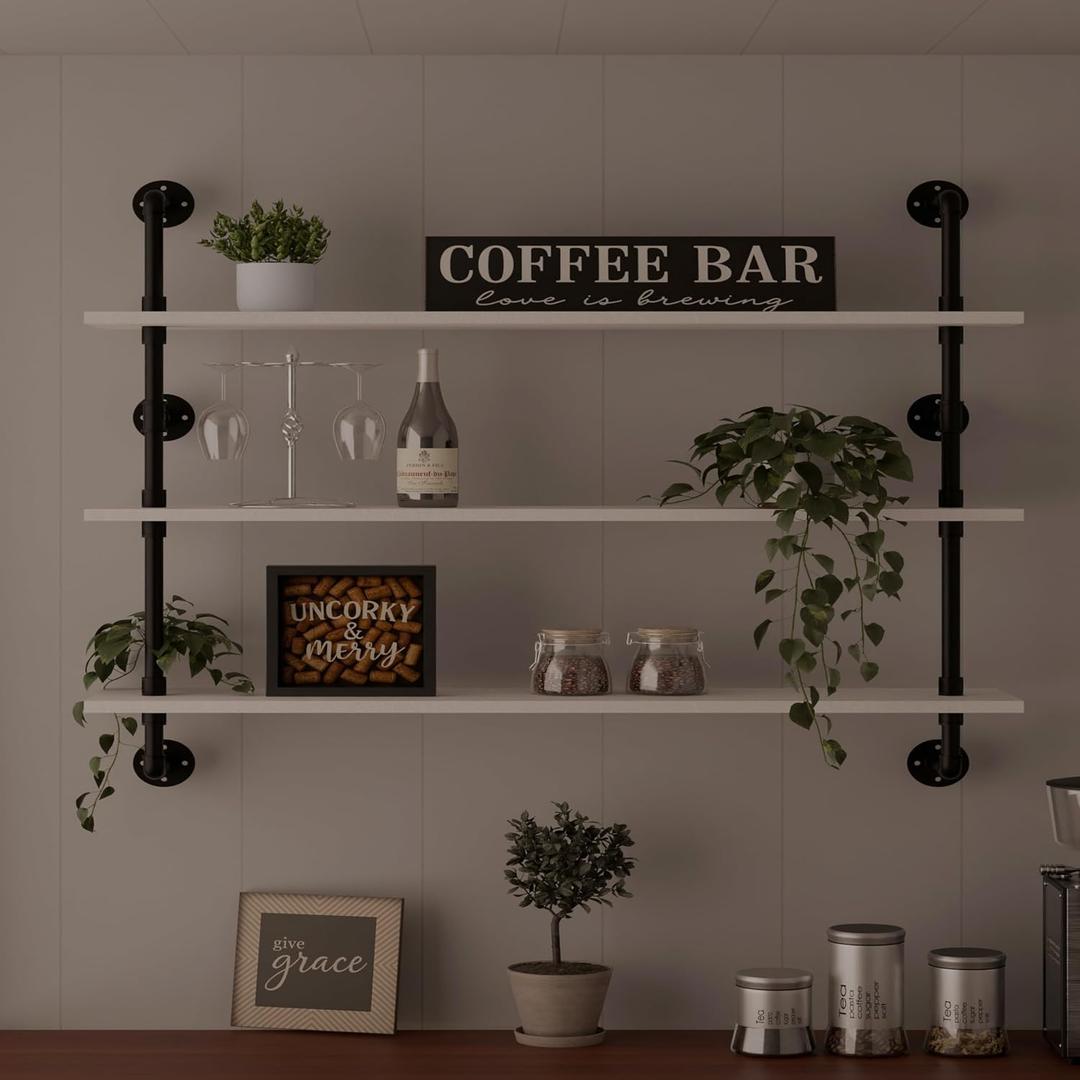HDDFER Industrial Pipe Shelving Rustic White Pipe Wall Shelves Industrial Shelves with Wood Planks Floating Shelves 48 Inch Farmhouse Bathroom,Kitchen Shelving Wall Mounted