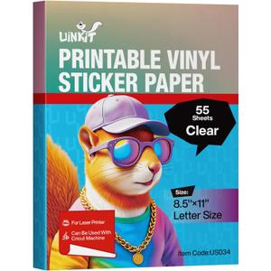 Uinkit 55 Sheets Printable Clear Sticker Waterproof Transparency Vinyl Sticker Only for Laser Printer -100% Transparent 8.5x11inch Full Sheet Labels for Personalized Labels, Custom Artwork