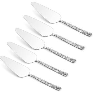 5-Piece Pie Server, E-far Hammered Stainless Steel Cake Server Spatula for Cutting Pastry Cheese Pizza, Serrated Edge with Square Handle, Mirror Polished & Dishwasher Safe-8.9 Inch