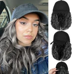 Qlenkay Baseball Cap with Hair Extensions 14inch Wavy Curly Bob Hairstyle Adjustable Wig Hat Attached Synthetic Hairpiece for Woman Dark Black Mix Sliver Gray