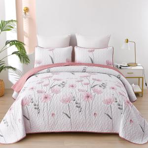 Dinjoy Floral Quilt Set Queen,Pink Bedspread Queen Size 3 Pieces Lightweight Farmhouse Bedding Set Cute Quilts Soft Flower Bedspreads White Coverlet Sets for Girls Women Fall
